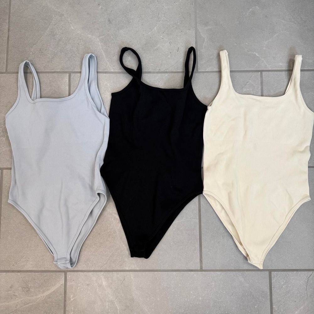 Ribbed Scoop Neck Tank Bodysuit - Black, Cream, Light Blue